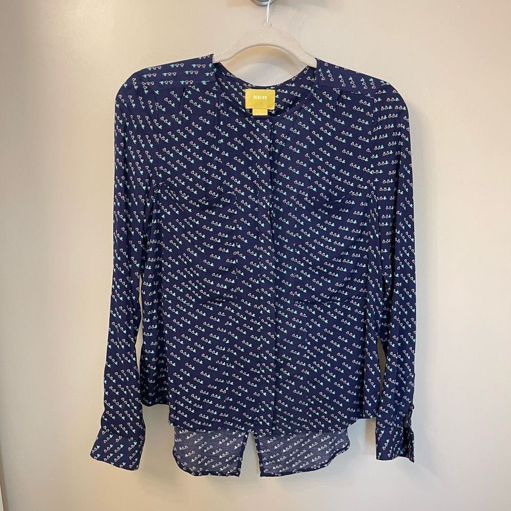 Anthropologie Maeve Clara Button Down Navy Blue Blouse Birds Pockets Size 2 Sma